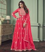 Shamita shetty pink embroidery work faux georgette festive anarkali salwar suit with dupatta stitched long gown