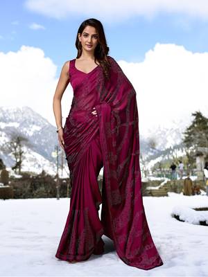 Trendmalls Purple Silk Blend Saree Swarovski Work Silk 3
