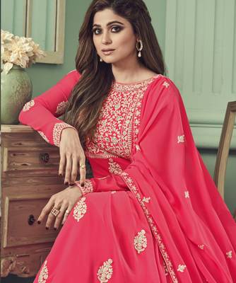 Shamita shetty pink embroidery work faux georgette festive anarkali salwar suit with dupatta stitched long gown 2