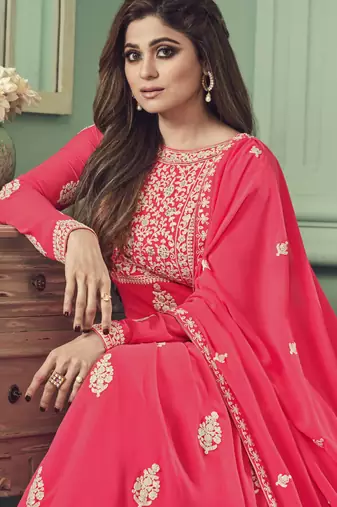 Shamita shetty pink embroidery work faux georgette festive anarkali salwar suit with dupatta stitched long gown