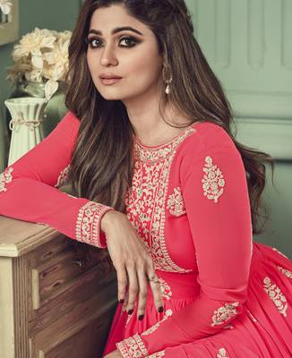 Shamita shetty pink embroidery work faux georgette festive anarkali salwar suit with dupatta stitched long gown 3
