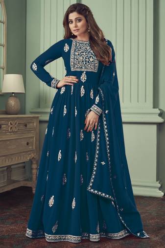 Turquoise embroidery work faux georgette festive anarkali salwar suit with dupatta stitched long gown