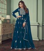 Turquoise embroidery work faux georgette festive anarkali salwar suit with dupatta stitched long gown