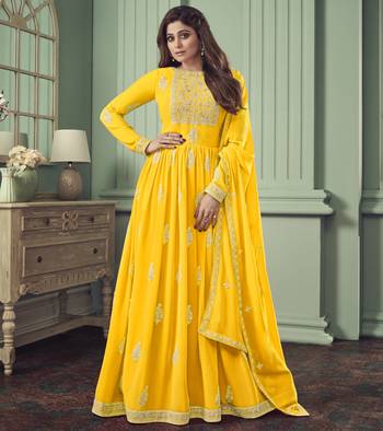 Shamita shetty yellow embroidery work faux georgette festive anarkali salwar suit with dupatta stitched long gown 1