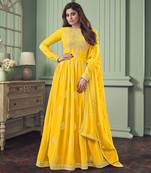 Shamita shetty yellow embroidery work faux georgette festive anarkali salwar suit with dupatta stitched long gown