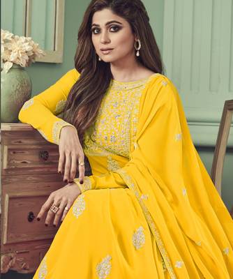 Shamita shetty yellow embroidery work faux georgette festive anarkali salwar suit with dupatta stitched long gown 2