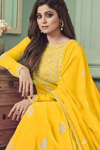 Shamita shetty yellow embroidery work faux georgette festive anarkali salwar suit with dupatta stitched long gown