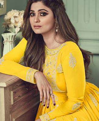 Shamita shetty yellow embroidery work faux georgette festive anarkali salwar suit with dupatta stitched long gown 3