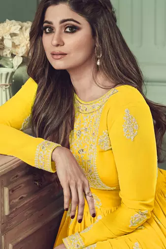 Shamita shetty yellow embroidery work faux georgette festive anarkali salwar suit with dupatta stitched long gown