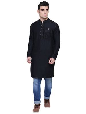 men's jet black denim long kurta 1