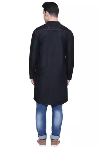 men's jet black denim long kurta