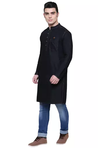 men's jet black denim long kurta