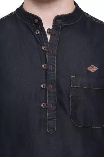 men's jet black denim long kurta