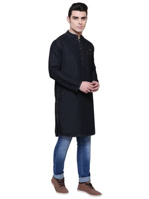 men's jet black denim long kurta 5