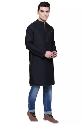 men's jet black denim long kurta