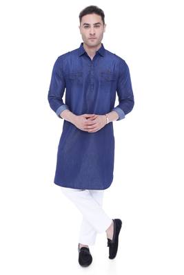 men's carbon blue denim long pathani kurta 1