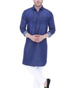 men's carbon blue denim long pathani kurta