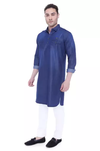 men's carbon blue denim long pathani kurta