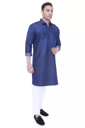 men's carbon blue denim long pathani kurta