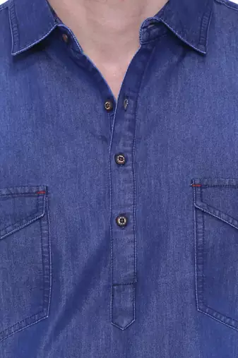 men's carbon blue denim long pathani kurta