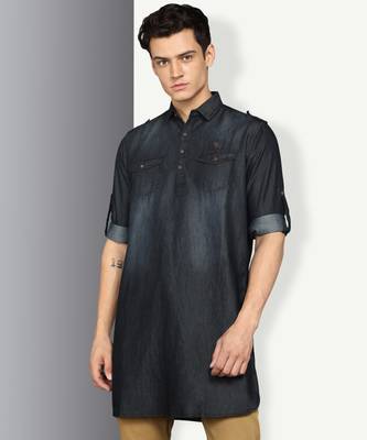 men's black denim long pathani kurta 1