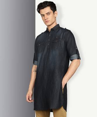 men's black denim long pathani kurta 3