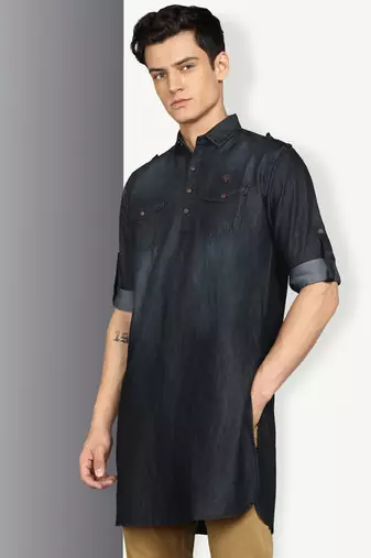 men's black denim long pathani kurta