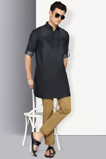 men's black denim long pathani kurta