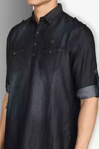 men's black denim long pathani kurta