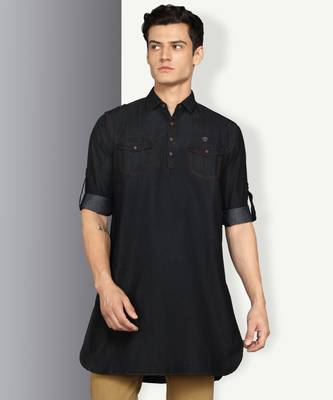 men's black denim long pathani kurta 1