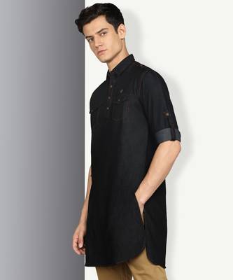 men's black denim long pathani kurta 3