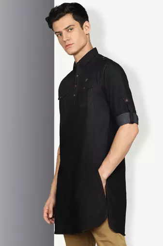 men's black denim long pathani kurta