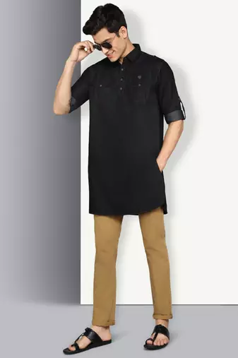 men's black denim long pathani kurta