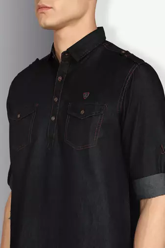 men's black denim long pathani kurta
