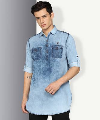 men's blue cloud denim short pathani kurta 1