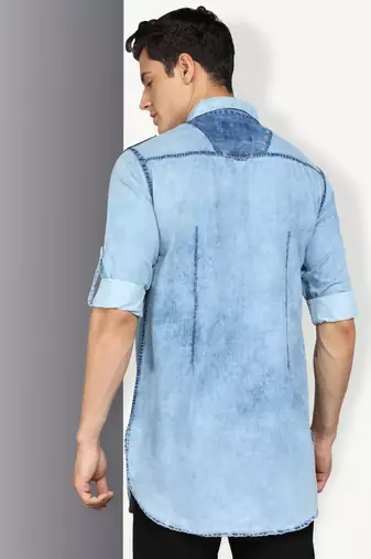 men's blue cloud denim short pathani kurta