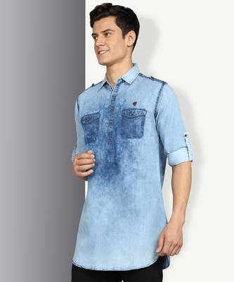 men's blue cloud denim short pathani kurta 3