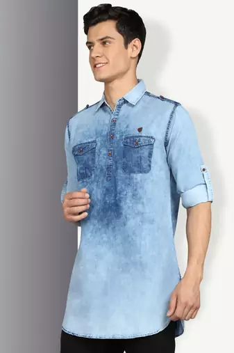 men's blue cloud denim short pathani kurta