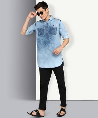 men's blue cloud denim short pathani kurta 4