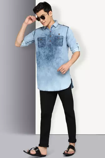 men's blue cloud denim short pathani kurta