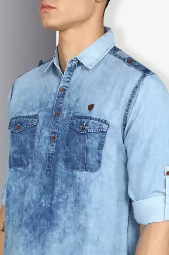 men's blue cloud denim short pathani kurta