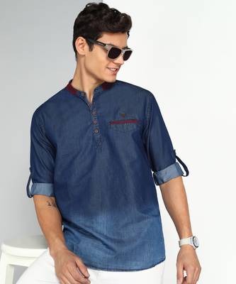 men's dark blue ombre denim short kurta 1
