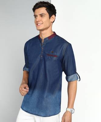men's dark blue ombre denim short kurta 3