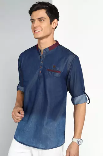 men's dark blue ombre denim short kurta