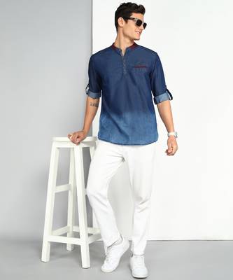 men's dark blue ombre denim short kurta 4