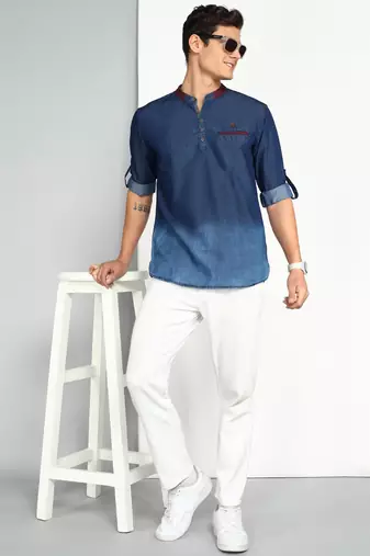 men's dark blue ombre denim short kurta