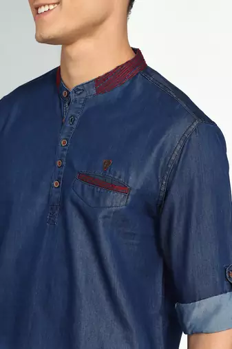 men's dark blue ombre denim short kurta