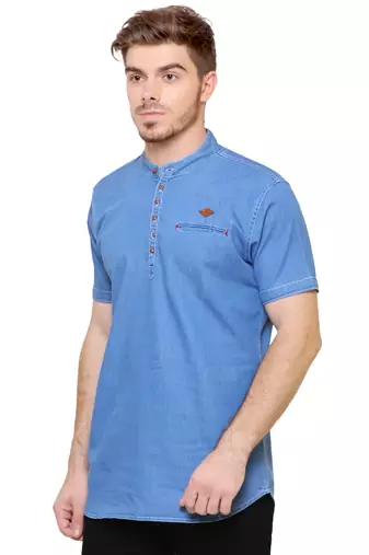 men's light blue short denim kurta
