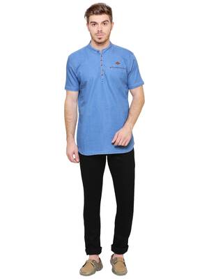 men's light blue short denim kurta 4