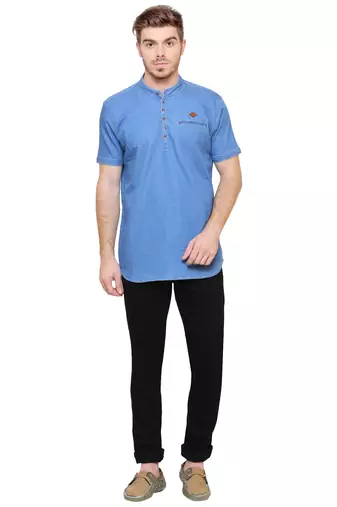 men's light blue short denim kurta